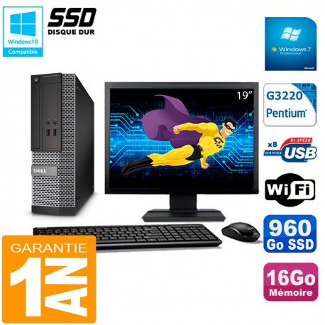 PC DELL 3020 SFF Ecran 19" Intel G3220 Ram 16Go Disque 960 Go SSD Wifi W7