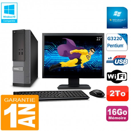 PC DELL 3020 SFF Ecran 22" Intel G3220 Ram 16Go Disque 2 To Wifi W7