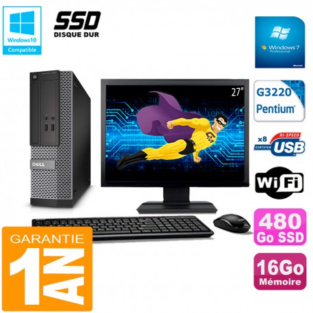 PC DELL 3020 SFF Ecran 27" Intel G3220 Ram 16Go Disque 480 Go SSD Wifi W7