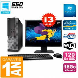 PC DELL 3020 SFF Ecran 19" Core I3-4130 RAM 16Go Disque 120 Go SSD Wifi W7