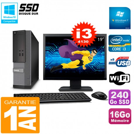 PC DELL 3020 SFF Ecran 19" Core I3-4130 RAM 16Go Disque 240 Go SSD Wifi W7