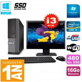 PC DELL 3020 SFF Ecran 19" Core I3-4130 RAM 16Go Disque 480 Go SSD Wifi W7