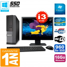 PC DELL 3020 SFF Ecran 22" Core I3-4130 RAM 16Go Disque 960 Go SSD Wifi W7