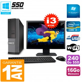 PC DELL 3020 SFF Ecran 27" Core I3-4130 RAM 16Go Disque 240 Go SSD Wifi W7