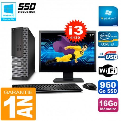 PC DELL 3020 SFF Ecran 27" Core I3-4130 RAM 16Go Disque 960 Go SSD Wifi W7