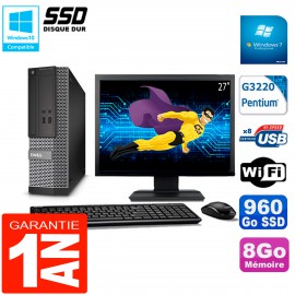 PC DELL 3020 SFF Ecran 27" Intel G3220 RAM 8Go Disque Dur 960 Go SSD Wifi W7