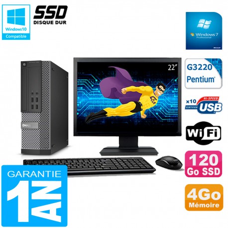 PC DELL 7020 SFF Ecran 22" Intel G3220 RAM 4Go Disque Dur 120 Go SSD Wifi W7