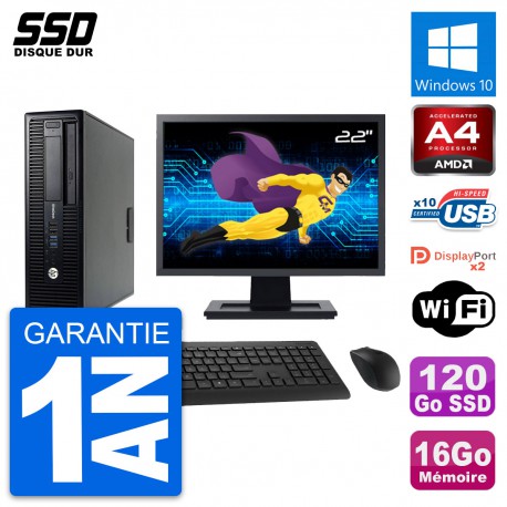 PC HP 705 G1 SFF Ecran 22" AMD PRO-7300B RAM 16Go SSD 120Go Windows 10 Wifi