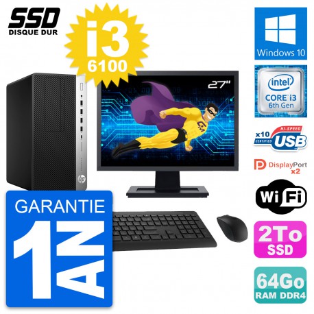 PC Tour HP ProDesk 600 G3 MT Ecran 27" i3-6100 RAM 64Go SSD 2To Windows 10 Wifi
