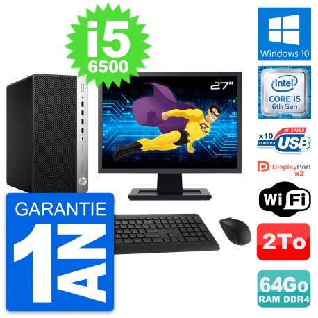 PC Tour HP 600 G3 MT Ecran 27" Core i5-6500 RAM 64Go Disque 2To Windows 10 Wifi