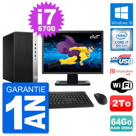 PC Tour HP 600 G3 MT Ecran 22" Core i7-6700 RAM 64Go Disque 2To Windows 10 Wifi
