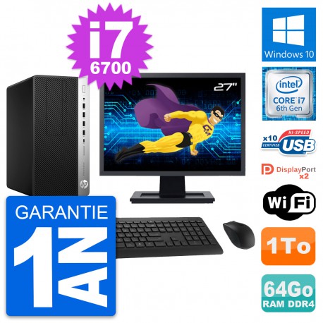 PC Tour HP 600 G3 MT Ecran 27" Core i7-6700 RAM 64Go Disque 1To Windows 10 Wifi