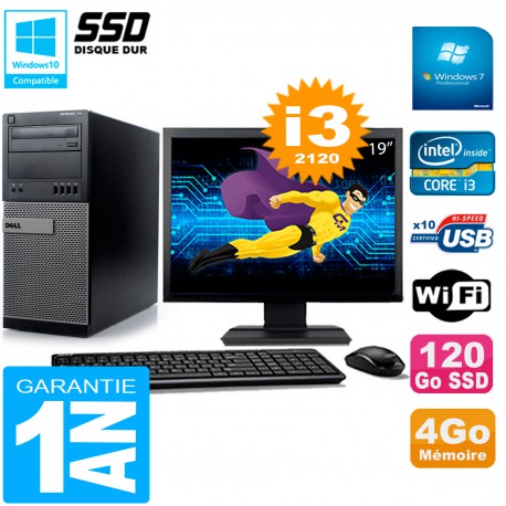 PC Tour DELL 7010 Ecran 19" Core I3-2120 RAM 4Go Disque 120 Go SSD Wifi W7