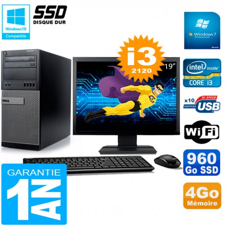 PC Tour DELL 7010 Ecran 19" Core I3-2120 RAM 4Go Disque 960 Go SSD Wifi W7