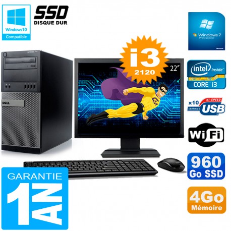 PC Tour DELL 7010 Ecran 22" Core I3-2120 RAM 4Go Disque 960 Go SSD Wifi W7