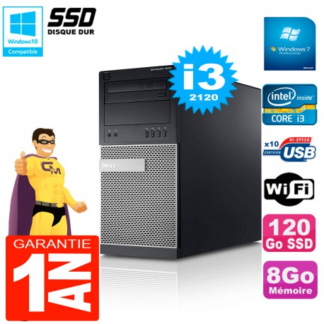 PC Tour DELL 7010 Core I3-2120 RAM 8Go Disque 120 Go SSD Wifi W7