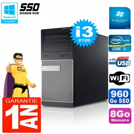 PC Tour DELL 7010 Core I3-2120 RAM 8Go Disque 960 Go SSD Wifi W7