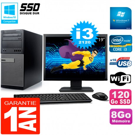 PC Tour DELL 7010 Ecran 19" Core I3-2120 RAM 8Go Disque 120 Go SSD Wifi W7