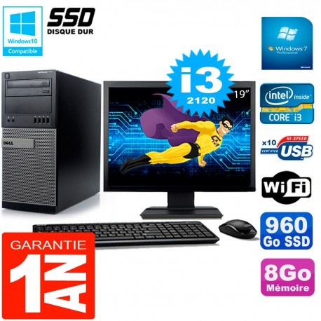 PC Tour DELL 7010 Ecran 19" Core I3-2120 RAM 8Go Disque 960 Go SSD Wifi W7