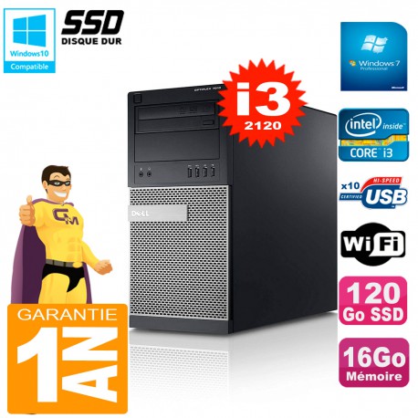 PC Tour DELL 7010 Core I3-2120 RAM 16Go Disque 120 Go SSD Wifi W7