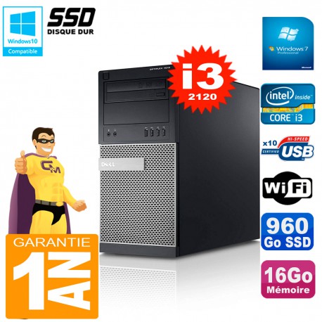 PC Tour DELL 7010 Core I3-2120 RAM 16Go Disque 960 Go SSD Wifi W7