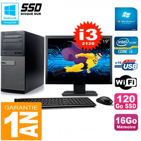 PC Tour DELL 7010 Ecran 19" Core I3-2120 RAM 16Go Disque 120 Go SSD Wifi W7