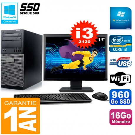 PC Tour DELL 7010 Ecran 19" Core I3-2120 RAM 16Go Disque 960 Go SSD Wifi W7