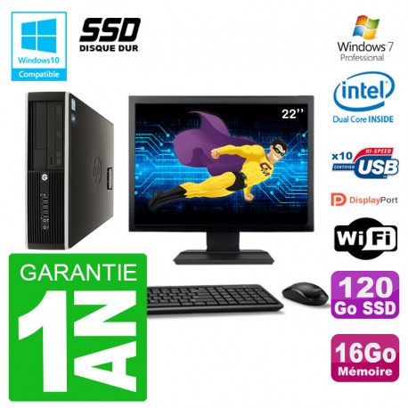 PC HP Compaq 8100 SFF Ecran 22" G6950 RAM 16Go SSD 120Go Graveur DVD Wifi W7