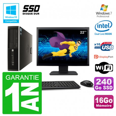 PC HP Compaq 8100 SFF Ecran 22" G6950 RAM 16Go SSD 240Go Graveur DVD Wifi W7