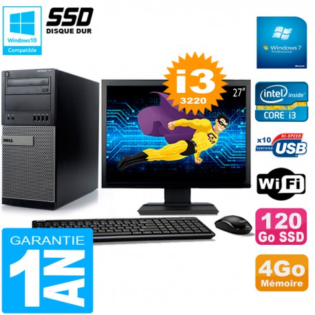 PC Tour DELL 7010 Ecran 27" Core I3-3220 RAM 4Go Disque 120 Go SSD Wifi W7