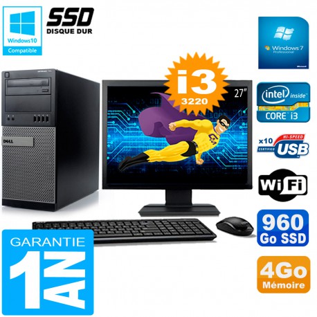 PC Tour DELL 7010 Ecran 27" Core I3-3220 RAM 4Go Disque 960 Go SSD Wifi W7