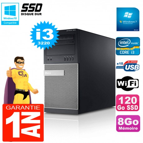 PC Tour DELL 7010 Core I3-3220 RAM 8Go Disque 120 Go SSD Wifi W7