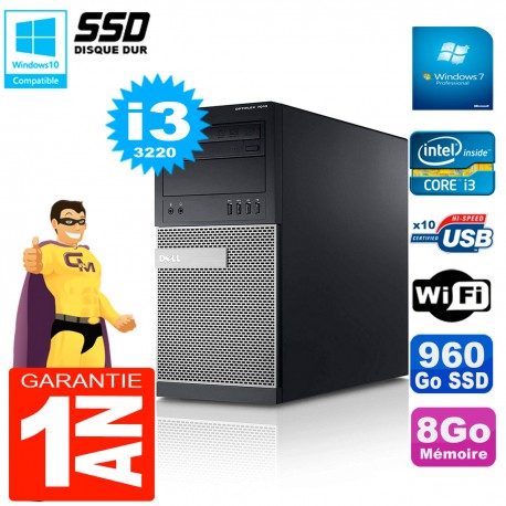 PC Tour DELL 7010 Core I3-3220 RAM 8Go Disque 960 Go SSD Wifi W7