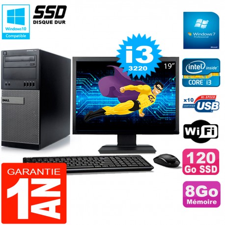 PC Tour DELL 7010 Ecran 19" Core I3-3220 RAM 8Go Disque 120 Go SSD Wifi W7