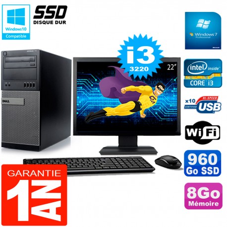 PC Tour DELL 7010 Ecran 22" Core I3-3220 RAM 8Go Disque 960 Go SSD Wifi W7