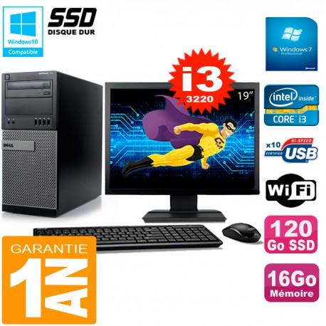 PC Tour DELL 7010 Ecran 19" Core I3-3220 RAM 16Go Disque 120 Go SSD Wifi W7