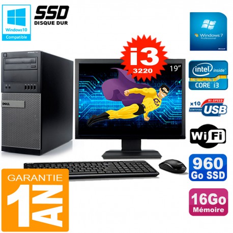 PC Tour DELL 7010 Ecran 19" Core I3-3220 RAM 16Go Disque 960 Go SSD Wifi W7