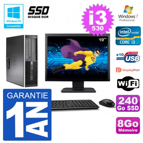 PC HP Compaq 8100 SFF Ecran 19" i3-530 RAM 8Go SSD 240Go Graveur DVD Wifi W7