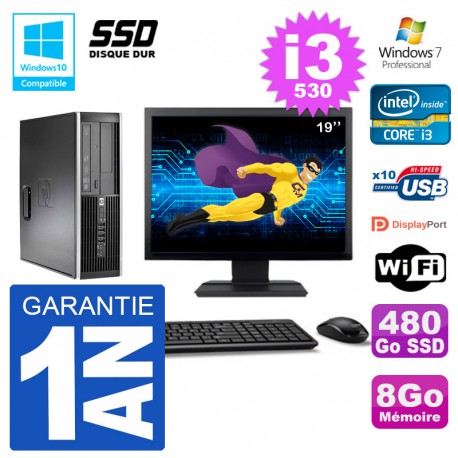 PC HP Compaq 8100 SFF Ecran 19" i3-530 RAM 8Go SSD 480Go Graveur DVD Wifi W7