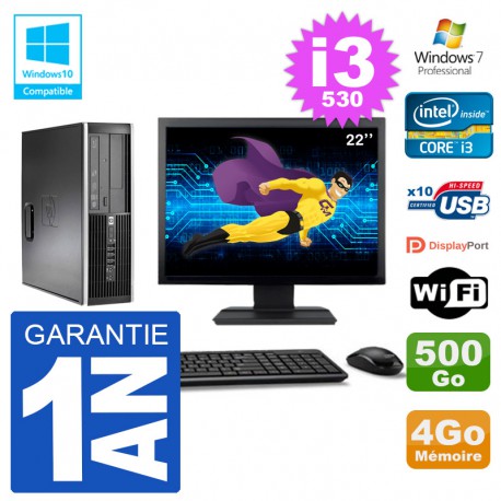 PC HP Compaq 8100 SFF Ecran 22" i3-530 RAM 4Go Disque 500Go Graveur DVD Wifi W7