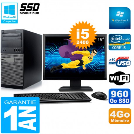 PC Tour DELL 7010 Ecran 19" Core I5-2400 RAM 4Go Disque 960 Go SSD Wifi W7