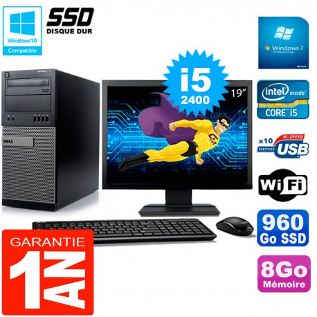 PC Tour DELL 7010 Ecran 19" Core I5-2400 RAM 8Go Disque 960 Go SSD Wifi W7