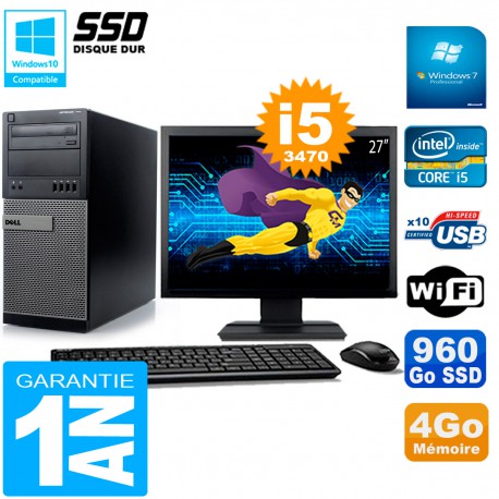 PC Tour DELL 7010 Ecran 27" Core I5-3470 RAM 4Go Disque 960 Go SSD Wifi W7