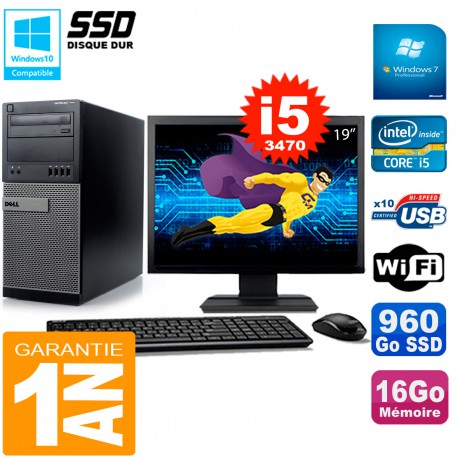 PC Tour DELL 7010 Ecran 19" Core I5-3470 RAM 16Go Disque 960 Go SSD Wifi W7