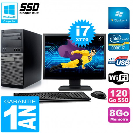 PC Tour DELL 7010 Ecran 19" Core I7-3770 RAM 8Go Disque 120 Go SSD Wifi W7