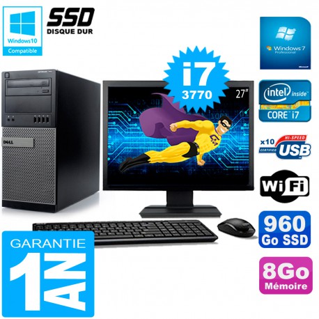 PC Tour DELL 7010 Ecran 27" Core I7-3770 RAM 8Go Disque 960 Go SSD Wifi W7