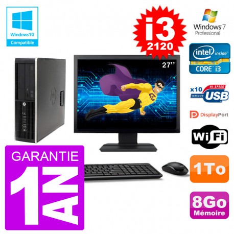 PC HP 6200 SFF Ecran 27" Intel i3-2120 RAM 8Go Disque 1To Graveur DVD Wifi W7