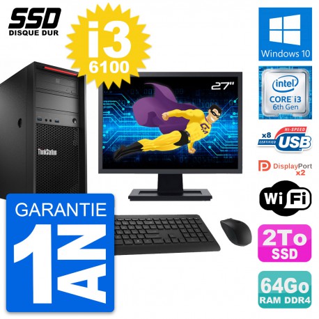 PC Tour Lenovo P320 MT Ecran 27" Intel i3-6100 RAM 64Go SSD 2To Windows 10 Wifi