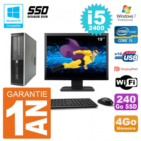 PC HP 6200 SFF Ecran 19" Intel i5-2400 RAM 4Go SSD 240Go Graveur DVD Wifi W7