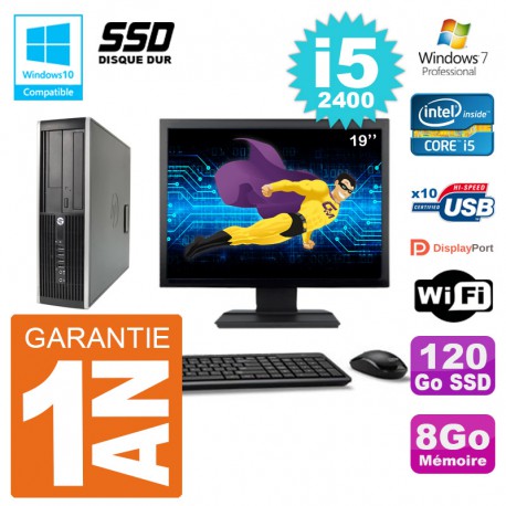 PC HP 6200 SFF Ecran 19" Intel i5-2400 RAM 8Go SSD 120Go Graveur DVD Wifi W7